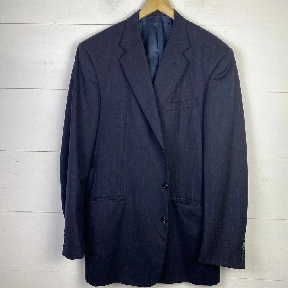 VTG‎ Tom James Blazer Navy Pinstripe 44-46L? Sport Coat USA Made Academia